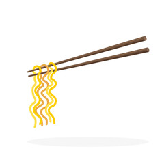 Oriental noodle. Chopsticks holding traditional asian noodles. Korean and Japanese food. Chinese cuisine. Vector illustration in trendy flat style isolated on white background.