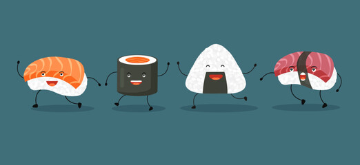 Japanese salmon sushi, onigiri and maki roll cute character. Cartoon raw sliced fish with rice. Traditional Asian food. Vector illustration in trendy flat style isolated.