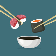 Japanese tuna sushi and salmon maki roll. Chopsticks holding raw fish dipped in soy sauce. Traditional Asian food. Top view. Vector illustration in trendy flat style isolated.