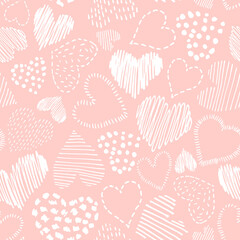 Seamless vector pattern with doodle hearts on a pink background. For textile, packaging, scrapbooking, digital design.