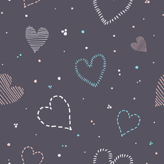Seamless vector pattern with doodle hearts on a dark background. For textile, packaging, scrapbooking, digital design.