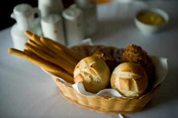 Different kinds of bread are displayed in a basket; Lincoln, Nebraska, United States of America