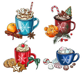 set holiday composition with hot drink. Decoration with tangerine, cookies, candy, cream,