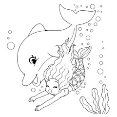 Mermaid with dolphin coloring book page vector illustration isolated on white background.