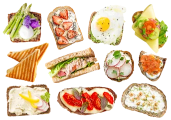 Tuinposter Delicious sandwiches with various ingredients isolated top view © BOOCYS
