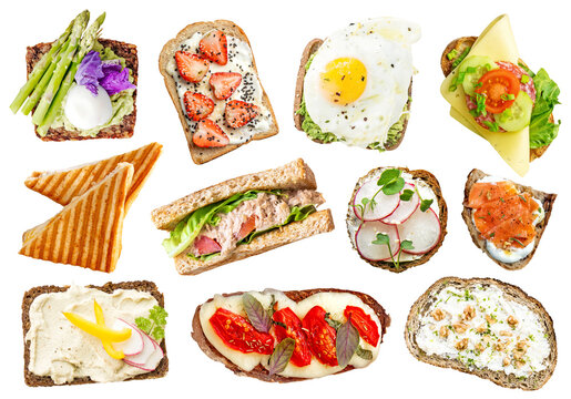 Delicious sandwiches with various ingredients isolated top view