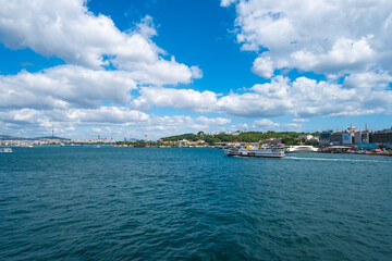 Panoramic shot of the old town Istanbul, Turkey. The Topkapi Palace, Eminonu, Sarayburnu, Sepetciler Pavilion and the Golden Horn, Istanbul, Turkey.