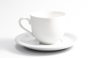 White cup and saucer isolated on white background.