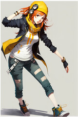 Obraz na płótnie Canvas a cool beautiful young anime girl doing breakdance, yellow beanie cap, generative ai technology