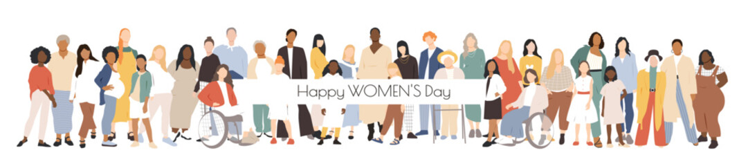 Happy Women's Day banner. Women of different ages stand together. 