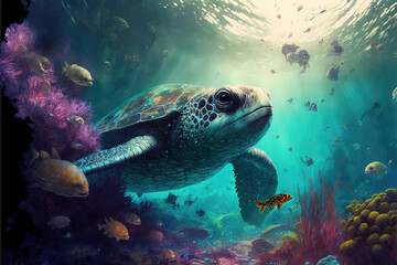 Fototapeta na wymiar big young turtle illustration under the water, shining, generative ai technology
