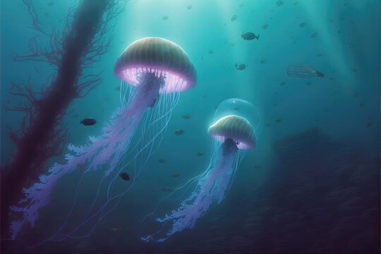 unbelievable beautyful underwater world with jellyfish, shining pink art, generative ai technology