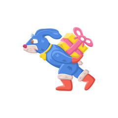 blue rabbit carries a gift on his back