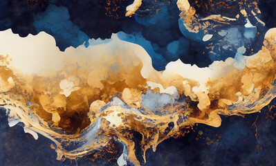 Colorful vintage paint background, teal and golden swirls