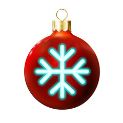 Red Christmas ball decorated blue snowflake neon lamp. Holiday icon isolated. Merry xmas, New year design png decoration.
