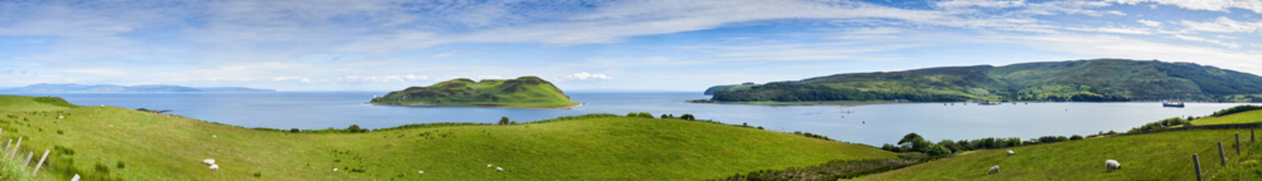Panoramic view of Davaar Island and Campbeltown on the West coast of Scotland.