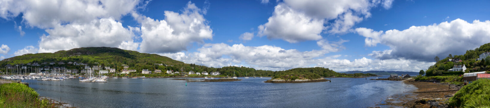 Panoramic view of Tarbert harbour on the West coast of Scotland.