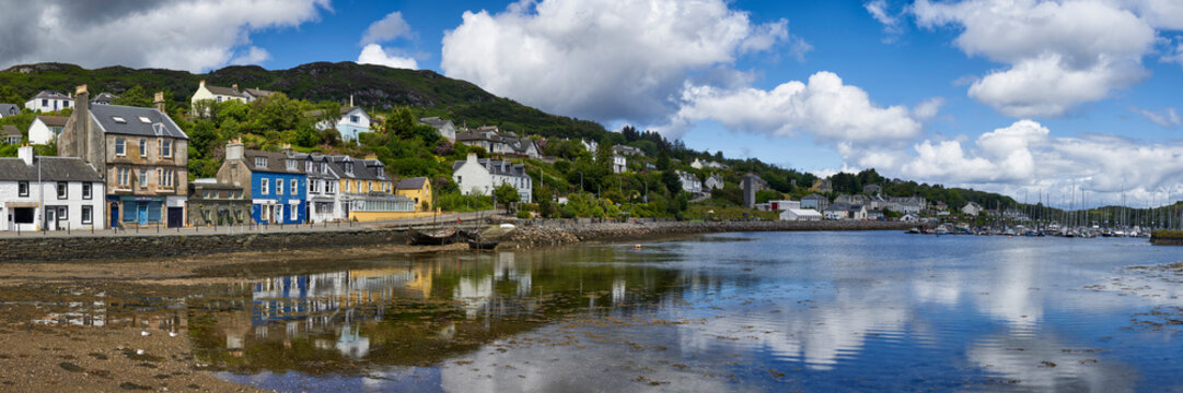 Panoramic view of Tarbert harbour on the West coast of Scotland.