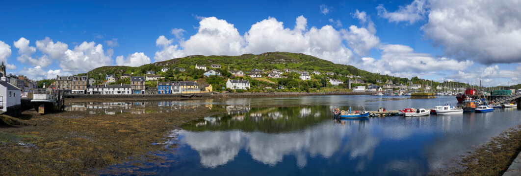 Panoramic view of Tarbert harbour on the West coast of Scotland.