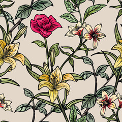 Hand drawn elegant colorful seamless pattern with botanical floral design illustration	