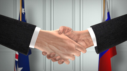 Australia and Russia deal handshake, politics 3D illustration. Official meeting or cooperation, business meet. Businessmen or politicians shake hands