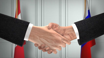 Austria and Russia deal handshake, politics 3D illustration. Official meeting or cooperation, business meet. Businessmen or politicians shake hands