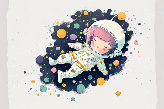 a cute kawaii boy sleeping in the space, universe cartoon style, generative ai technology