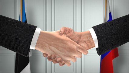 Estonia and Russia deal handshake, politics 3D illustration. Official meeting or cooperation, business meet. Businessmen or politicians shake hands