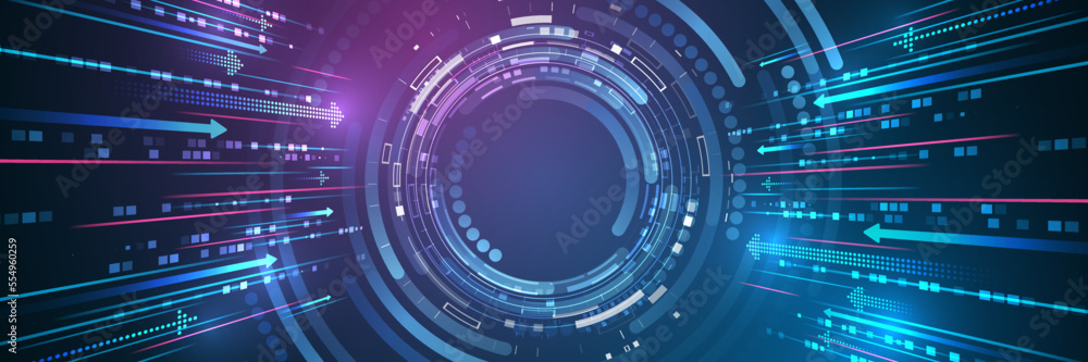 Poster wide hi-tech digital technology concept. illustration high computer technology on blue background. a