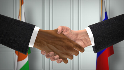 Niger and Russia deal handshake, politics 3D illustration. Official meeting or cooperation, business meet. Businessmen or politicians shake hands