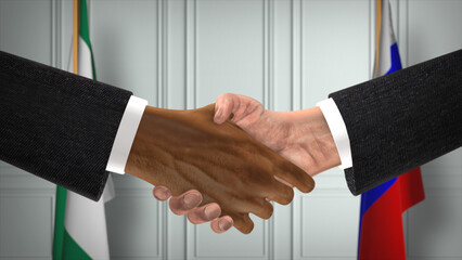 Nigeria and Russia deal handshake, politics 3D illustration. Official meeting or cooperation, business meet. Businessmen or politicians shake hands