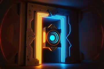 Fototapeta premium Futuristic neon time portal, neon circle, colorful neon. Abstract neon background. Dark scene with neon object in the center. AI