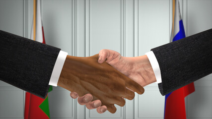 Oman and Russia deal handshake, politics 3D illustration. Official meeting or cooperation, business meet. Businessmen or politicians shake hands