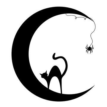 Black silhouette of the moon with a cat and cobwebs.