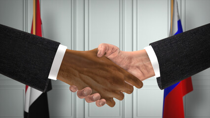 Yemen and Russia deal handshake, politics 3D illustration. Official meeting or cooperation, business meet. Businessmen or politicians shake hands