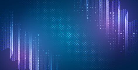 Hi-tech computer digital technology concept. Wide Blue background with various technological elements. Abstract circle technology communication, vector illustration.