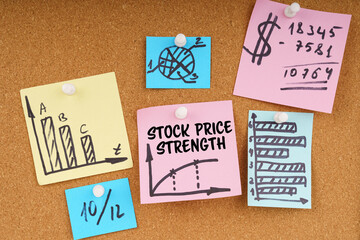 On the board are stickers with graphs and diagrams and the inscription - STOCK PRICE STRENGTH