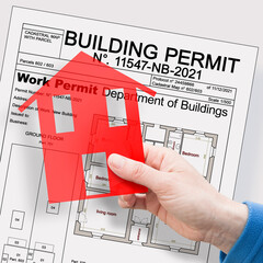 Building Permit concept with imaginary building approvation and residential home icon
