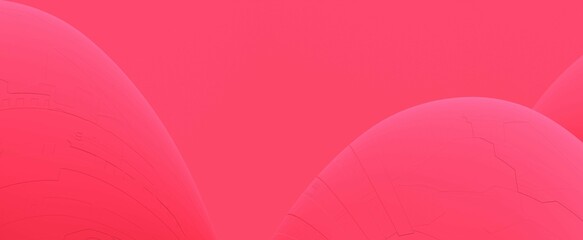 Red cyber balls with pink gradient background. Futuristic spheres hills with 3d render techno grid. Abstract digital waves banner for creative presentation