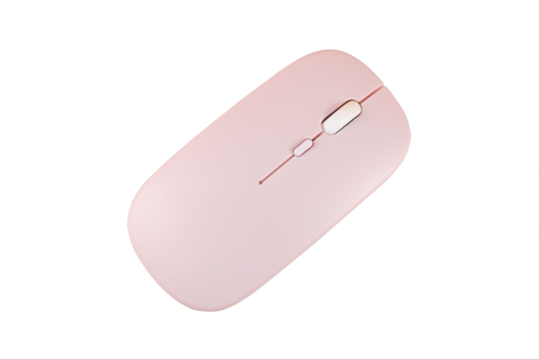 Pink PC mouse on beige background top view. Png with transparency