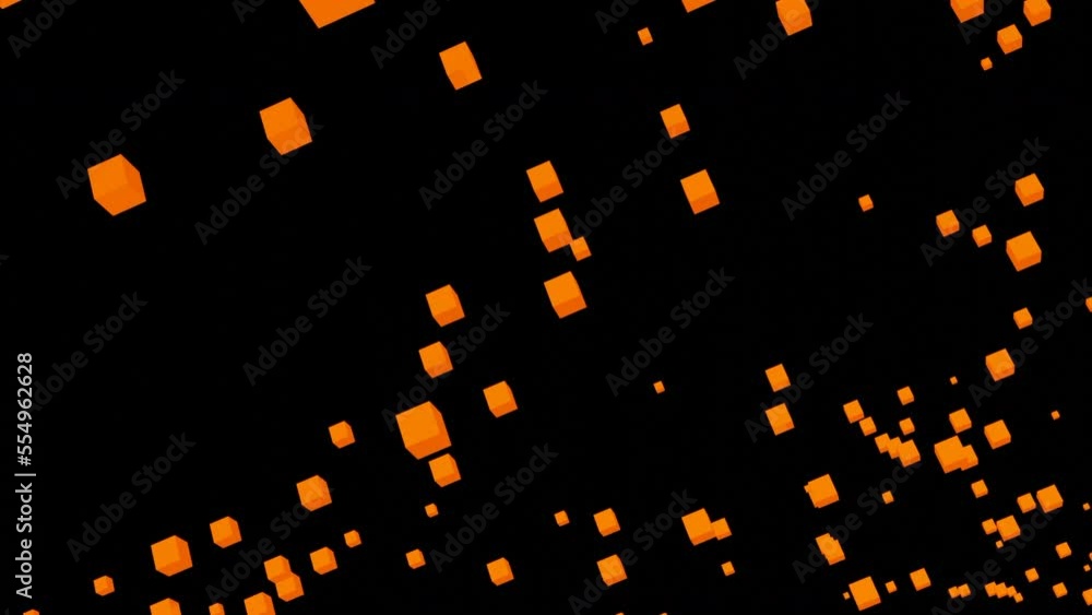 Poster 3d cubes fly in stream. design. colored cubes pulsate in flying stream on black background. cubes fl