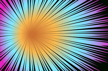 Manga neon anime action frame lines with halftones. Colored Pop art retro background with exploding rays of lightning comic style, vector illustration. Abstract explosive template with speed lines