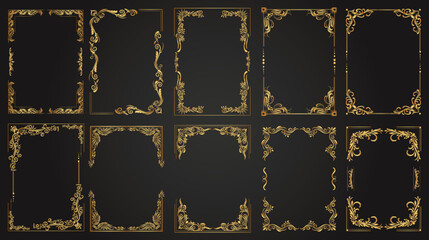 Luxury decorative golden frames. Retro ornamental frame, vintage rectangle ornaments & ornate border. Decorative wedding frames, antique museum image borders. Isolated vector icons set