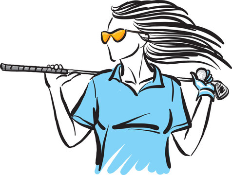 close up pretty woman golf player stick and golf ball vetor illustration