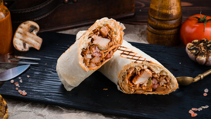 Grilled shawarma with ham, pork, cabbage, sauce and pita bread.