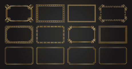 Decorative golden frames. Retro ornamental frame, vintage rectangle ornaments & ornate border. Wedding frames, invitation cards, menus, books & image borders, deco dividers. Isolated vector icons set