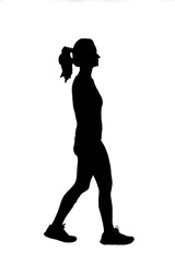 silhouette of a  side view of a  woman with sportswear walking on white background