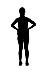 back view of a  woman with sportswear hands akimbo on white background