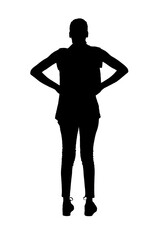 silhouette of a  woman from behind with her arms akimbo on white background