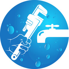Wrench in the hand of a plumber. Water faucet and drops of water. Repair and service plumbing symbol
